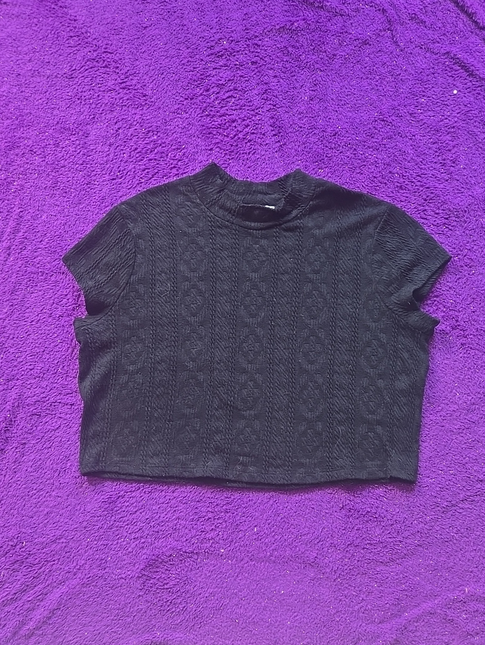 Black Cable Knit Short Sleeve Crop Top